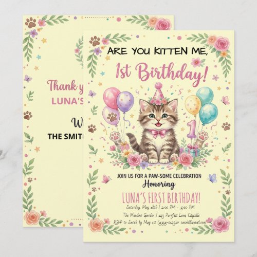 1st Birthday Invitation, Cream Floral Girls Kitty  Invitation