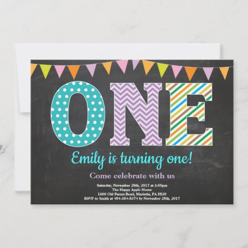 1st Birthday Invitation Girl Chalkboard