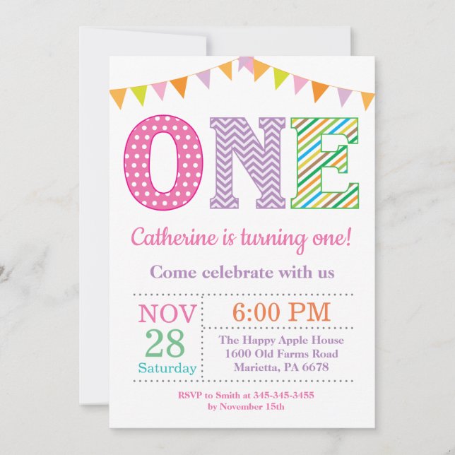 1st Birthday Invitation. Girl First Birthday Invitation (Front)