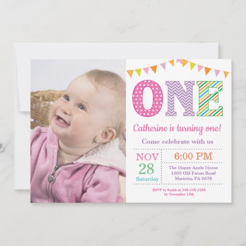 1st Birthday Invitation Girl First Birthday Photo Invitation