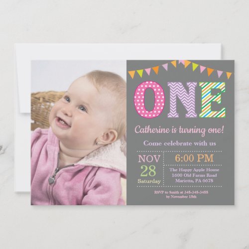 1st Birthday Invitation Girl First Birthday Photo Invitation