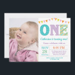 1st Birthday Invitation. Girl First Birthday Photo Invitation<br><div class="desc">1st Birthday Invitation with custom photo. Girl First Birthday Invitation.Turning one birthday party. Pink,  Purple,  Orange,  Yellow,  Green,  Blue,  Teal,  Aqua. Stripes. White Background. For further customization,  please click the "Customize it" button and use our design tool to modify this template.</div>