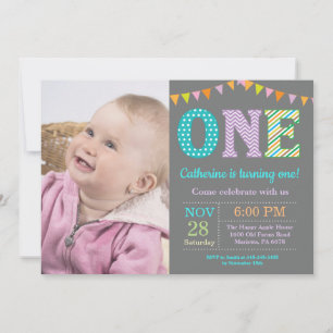 1st Birthday Invitation. Girl First Birthday Photo Invitation