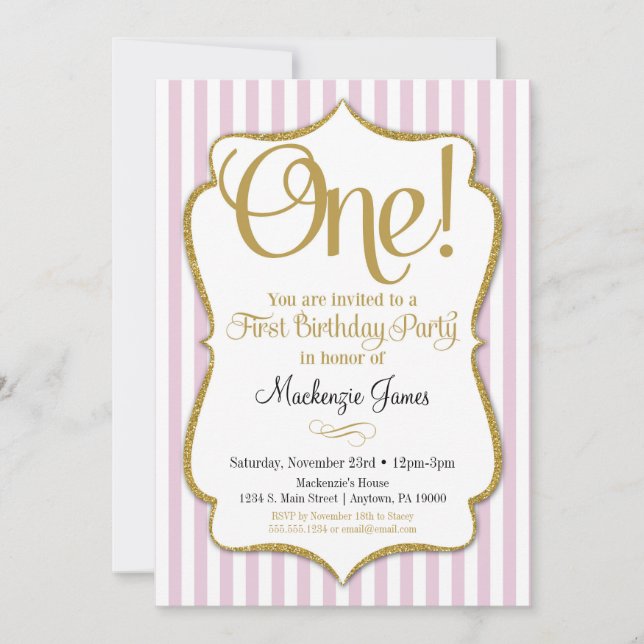 1st Birthday Invitation Girls First Pink Gold (Front)