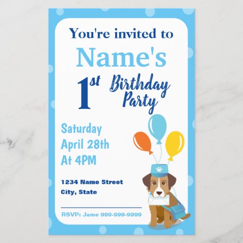 1st Birthday invitation mail dog blue Flyer