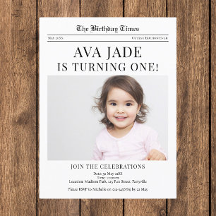 1st Birthday Invitation Newspaper Postcard