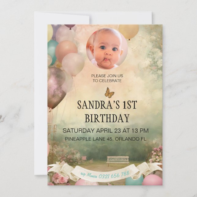 1st Birthday Invitation, personalized foto GIRL Invitation (Front)
