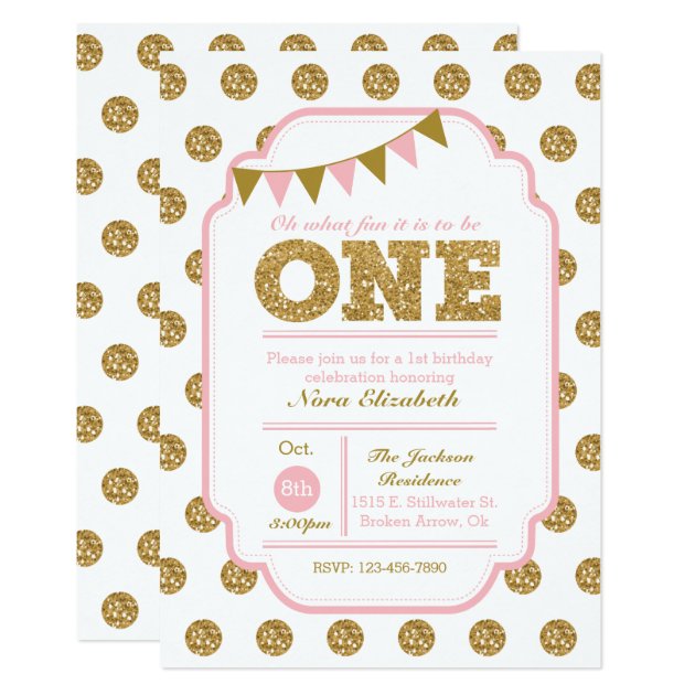 1st Birthday Invitation - Pink And Gold Polka Dots