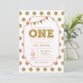1st Birthday Invitation - pink and gold polka dots (Standing Front)