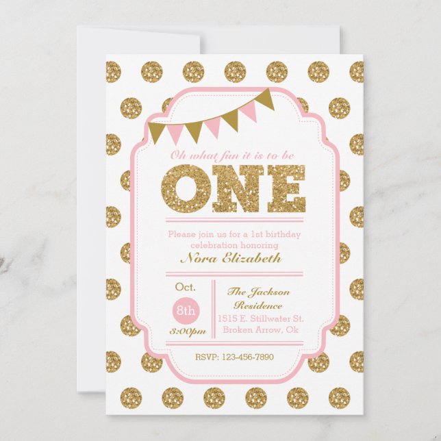 1st Birthday Invitation - pink and gold polka dots (Front)