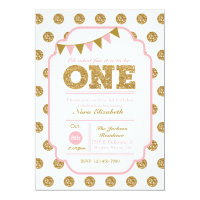 1st Birthday Invitation - pink and gold polka dots