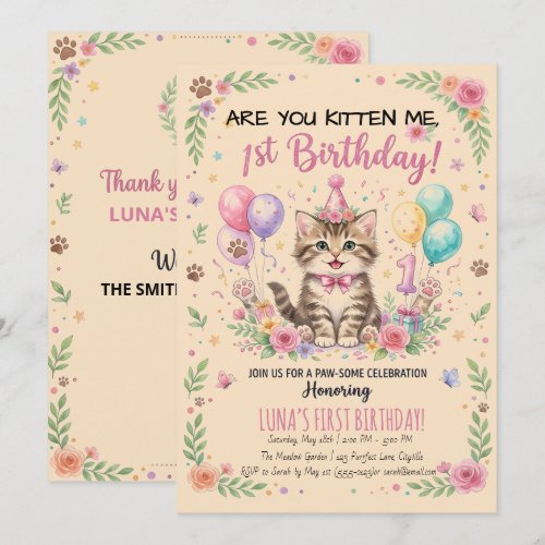 1st Birthday Invitation, Pink Floral Girls Kitty  Invitation