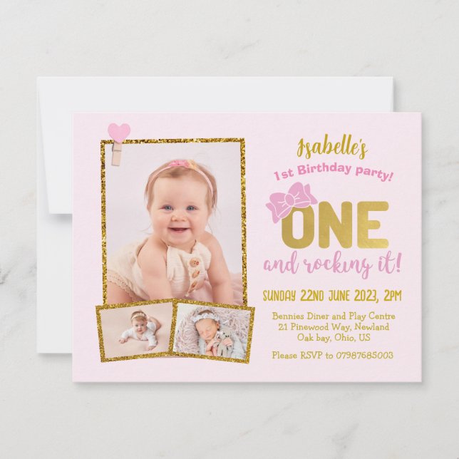 1st Birthday Invitation, pink girls first birthday Invitation (Front)