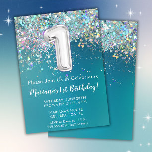 1st Birthday Invitation Teal Silver Glitter