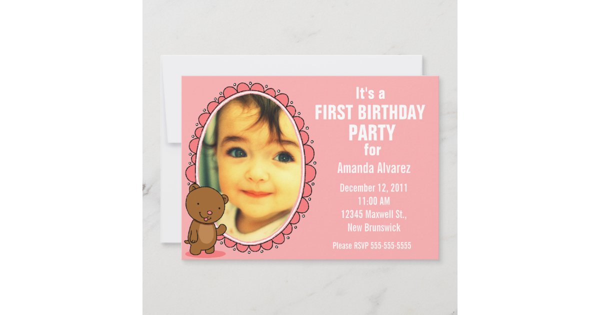 1st Birthday Invitation - Teddy Bear Pink | Zazzle
