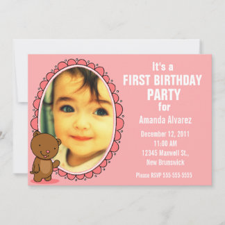 1st Birthday Invitation - Teddy Bear Pink