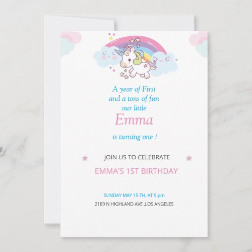 1st Birthday Invitation Unicorn theme