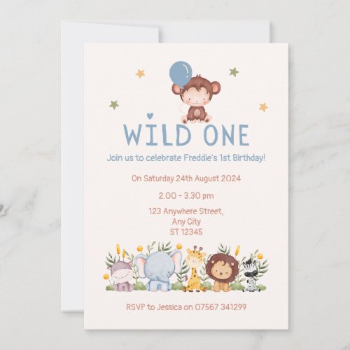 1st Birthday Invitation Wild One with Monkey Card