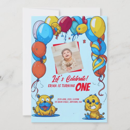 1st Birthday invitation with cartoons  balloons