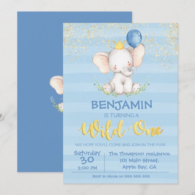 1st Birthday Invitations | Baby Elephant Boy (Front/Back)