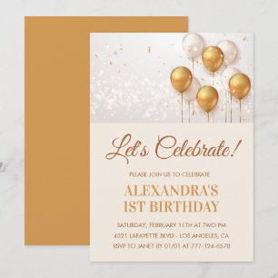 1st birthday invitations Balloons Gold