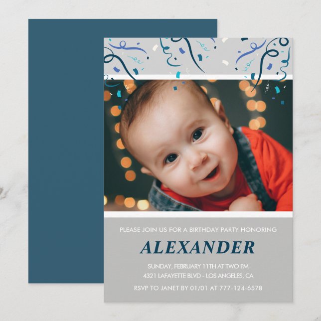 1st birthday invitations Boy Confetti Photo Navy (Front/Back)