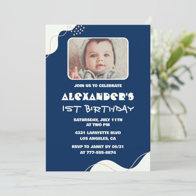 1st birthday invitations Boy Photo Simple Navy  (Standing Front)