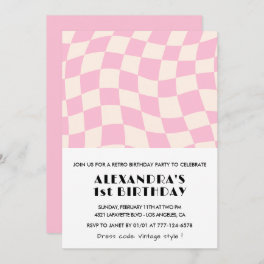 1st birthday invitations Checkered Retro Pink