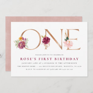1st Birthday Invitations Floral Rose Gold