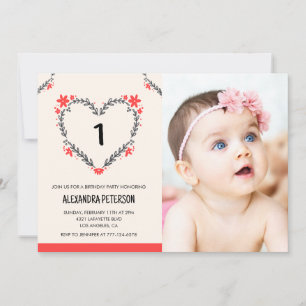 1st birthday invitations for her Floral Heart
