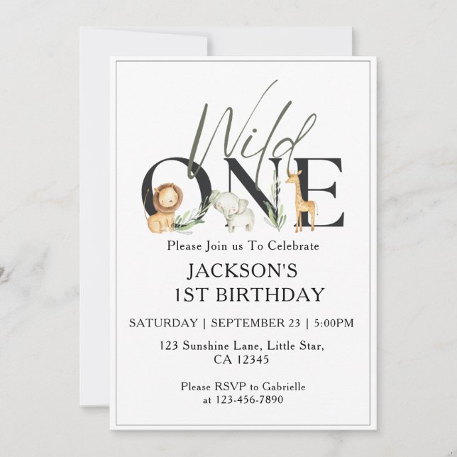 1st birthday invitations kids whimsical wild one  (Front)