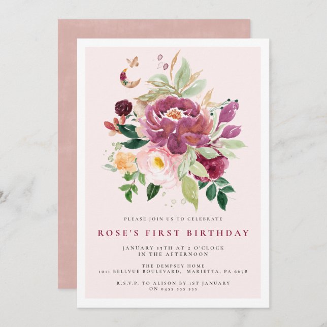1st Birthday Invitations | Saffron Bouquet  (Front/Back)