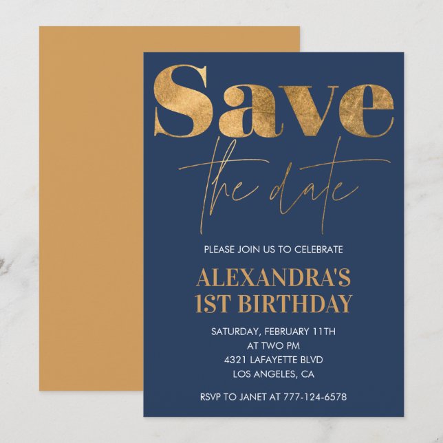 1st birthday invitations Save the date Gold Navy (Front/Back)
