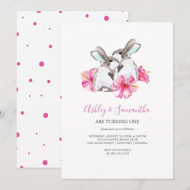 1st Birthday Invitations Twins Girl Pink Woodland (Front/Back)