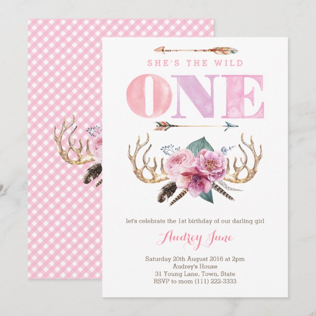 1st birthday invites, she's the wild one party invitation (Front/Back)