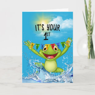 1st Birthday Jumping Frog in Water   Card
