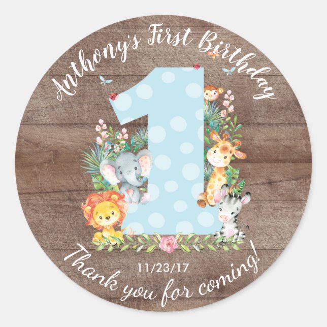 1st Birthday Jungle Animals Favor Sticker (Front)