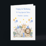 1st Birthday Jungle Animals Twin Boys Card<br><div class="desc">This 1st birthday card is suitable for twin sons,  grandsons or friends. The design includes an infant elephant,  giraffe and lion,  birthday balloons and hats.</div>