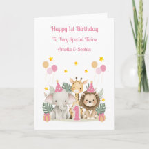 1st Birthday Jungle Animals Twin Girls Card