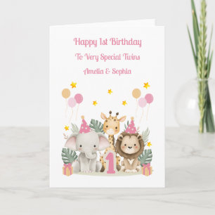 1st Birthday Jungle Animals Twin Girls Card