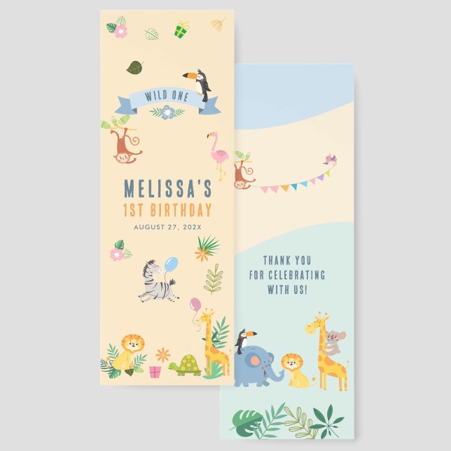 1st Birthday Jungle Safari Animals Theme Thank You Bookmarks (Front & Back)