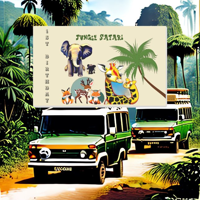 1st Birthday Jungle Safari Elephant Giraffe Deer  Rectangular Sticker (1st Birthday Jungle Safari Elephant Giraffe Deer Rectangular Sticker)