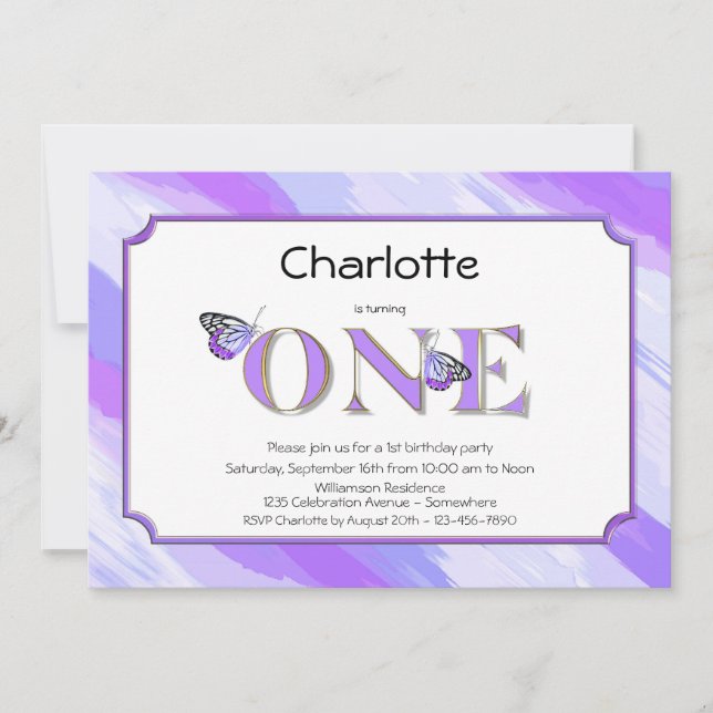 1st Birthday Lavender and Gold with Stripes Invitation (Front)