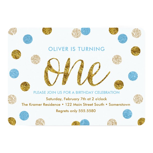 1st Birthday-Light Blue And Gold Glitter Invitation