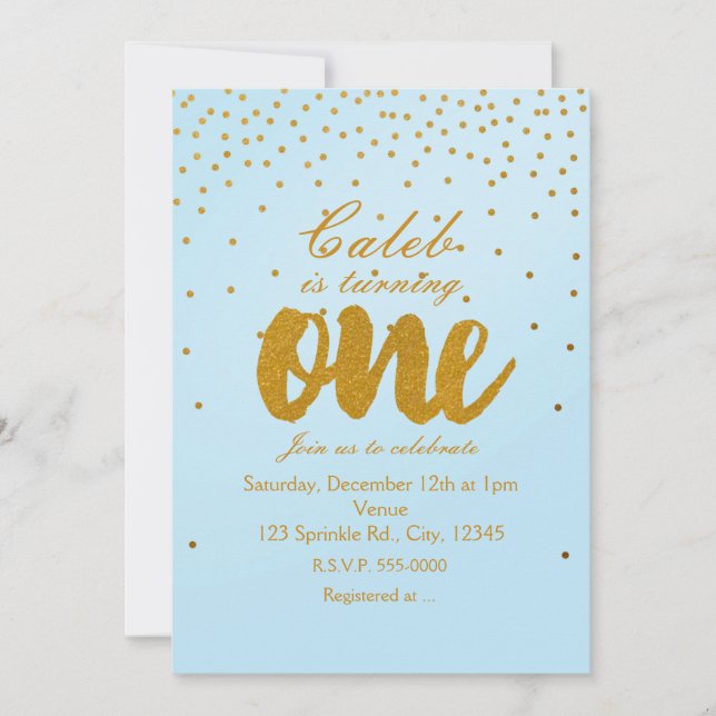 1st Birthday Light Blue & Gold Confetti Invitation (Front)