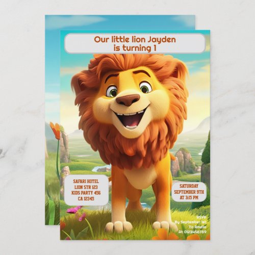 1st Birthday Lion Personalized Kids Name Age  Invitation