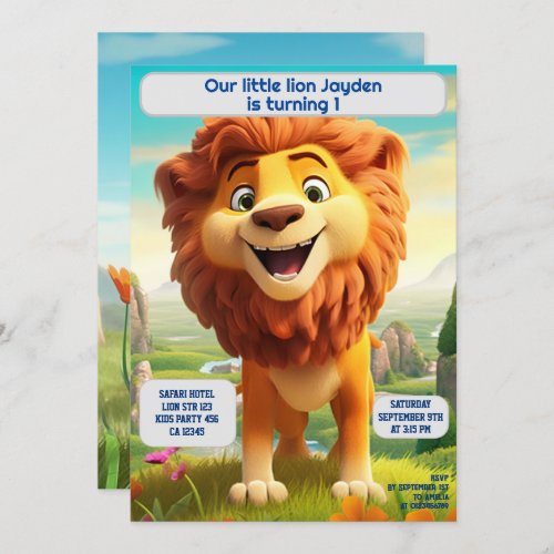 1st Birthday Lion Personalized Name Age Kids  Invitation