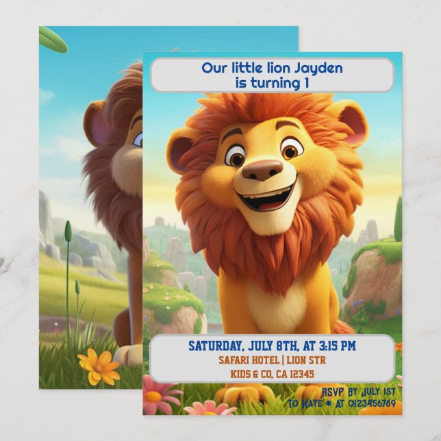 1st Birthday Lion Personalized Name Age Kids  Invitation (Front/Back)