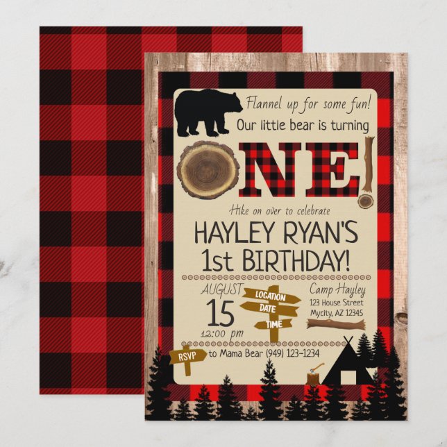 1st Birthday Little Bear Flannel Lumberjack Theme Invitation (Front/Back)