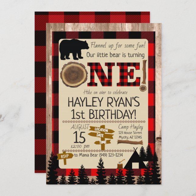 1st Birthday Little Bear Flannel Lumberjack Theme Invitation (Front/Back)